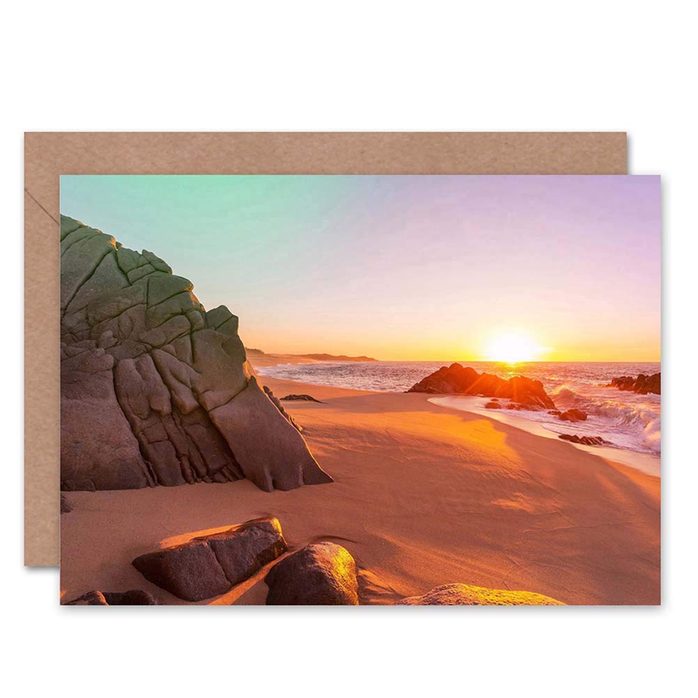 Wee Blue Coo BEACH SUNSET ROCKS SAND PHOTO BLANK GREETINGS BIRTHDAY CARD ART