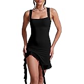 BORIFLORS Women's Sexy Bodycon Mini Dresses Square Neck Ruffle Hem Side Slit Club Party Short Dress