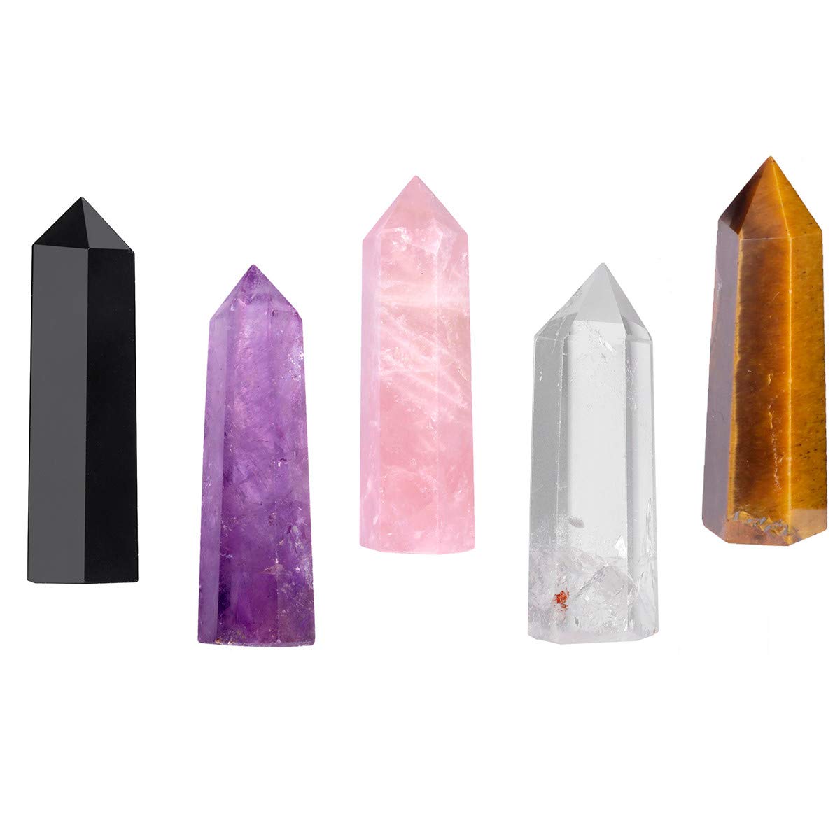 mookaitedecor 5 PCS Healing Crystal Wands Single Point 2" Amethyst, Rock Quartz, Rose Quartz, Black Obsidian, Tiger’s Eye 6 Faceted Reiki Stone for Meditation Therapy Decor