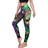 Eciodci Women's Mardi Gras Leggings 3D Printed Mask Fleur De Lis High Waist Stretchy Carnival Party Tight Pants for Women