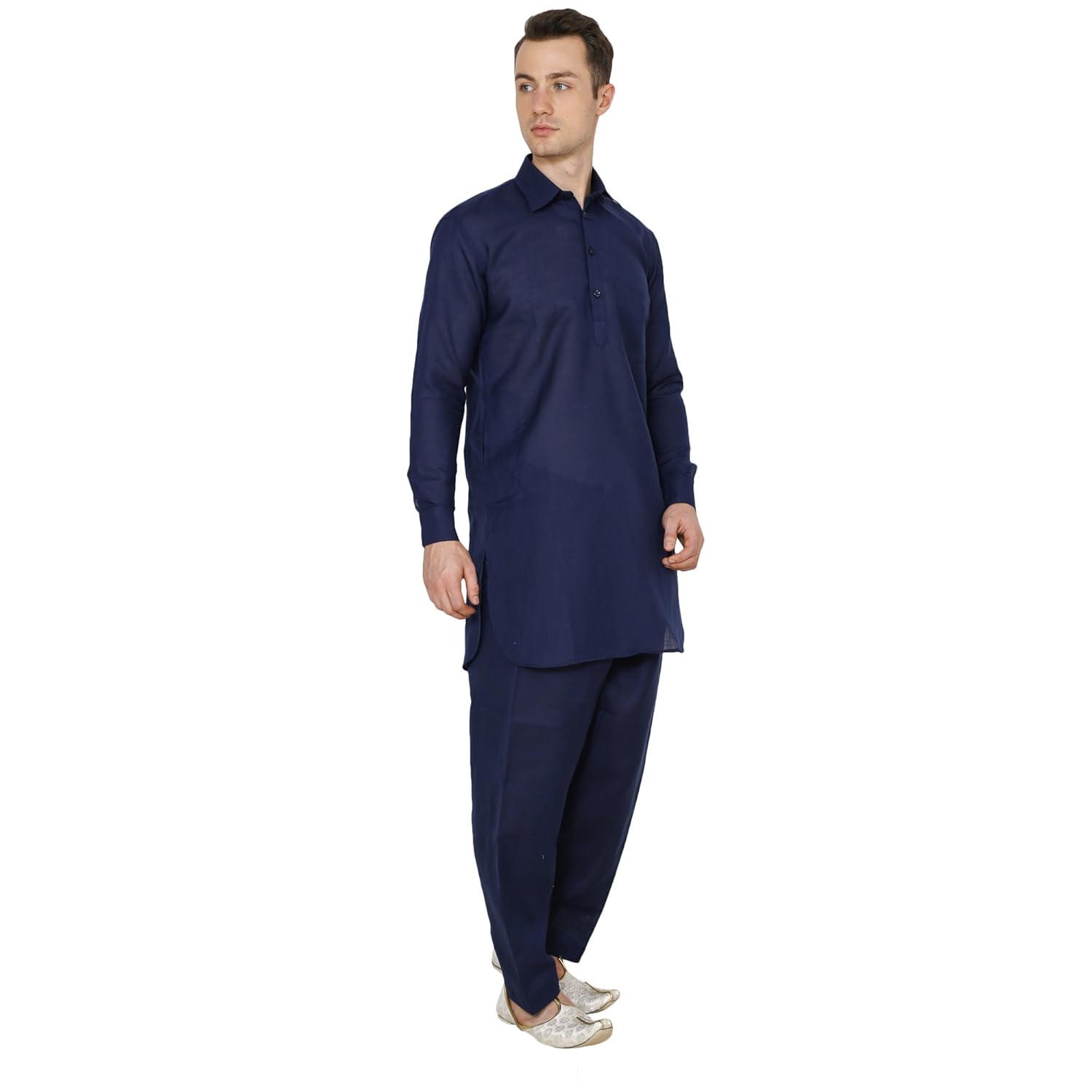 royal kurta pathani suit for men cotton linen blend-navy