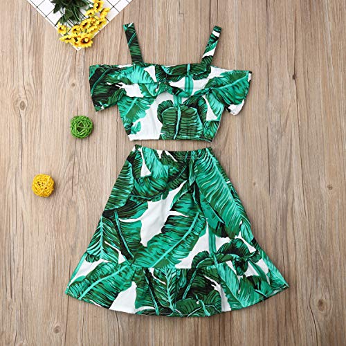 Toddler Baby Girls Ruffle Strap Top+Boho Floral Skirt Summer Outfit Clothes Two Piece Set (Full Leaf Skirt Set, 1-2T) - Thumbnail 2
