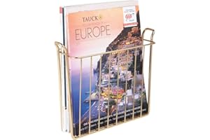 mDesign Metal Wall Mount Decorative Magazine Rack Organizer Bin Holder, Basket for Living Room, Bathroom, Bedroom, Home Office - Holds Books, Newspapers, Tablets - Concerto Collection - Soft Brass