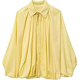 FindThy Women’s Puffed Bomber Jacket Trendy Lapel Collar Long Batwing Sleeve Front Zip Oversized Shirts