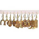5Pairs Western Cowboy Hat Boot Cactus Horseshoe Dangle Earrings Set Vintage Punk Gold Silver Plated Western Cowboy Theme Earrings for Women Boho Ethnic Country West Jewelry Gifts