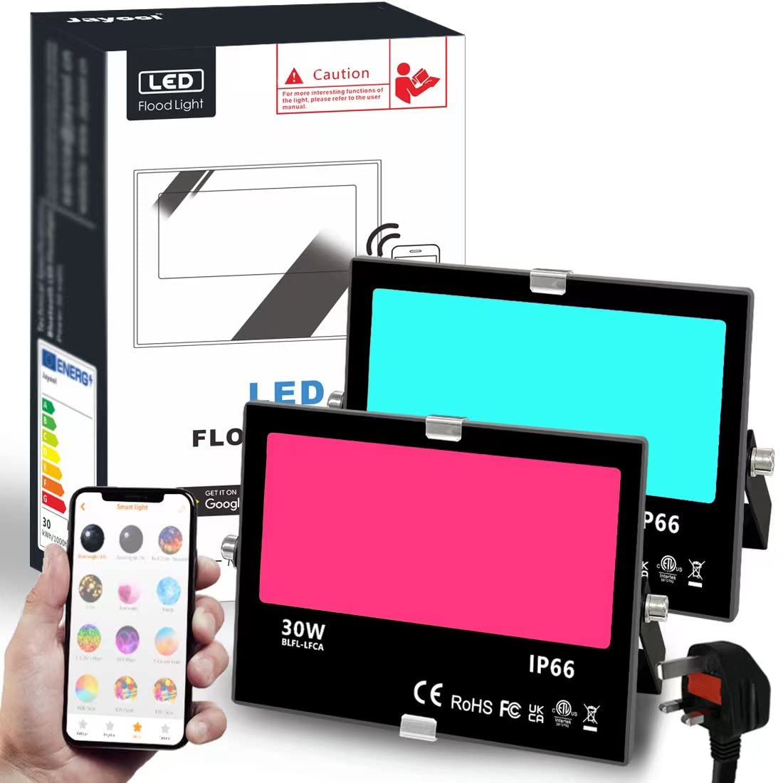 Jayool LED Floodlight Outdoor 300W Equivalent 3000LM, Smart RGB Flood Lights with APP, Colour Changing - Warm White 2700K - Timing - Scene- IP 66, UK 3-Plug, 2 Pack