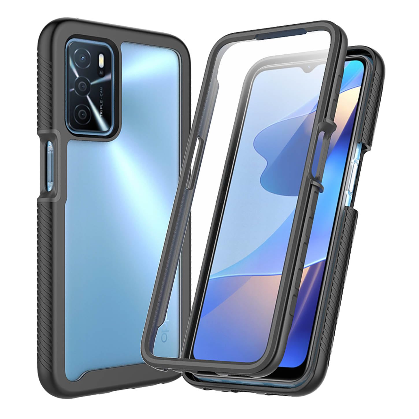 ILING Trasparente Case for OPPO A16 / OPPO A16s / OPPO A54s, 360° Full Body Protection Cover with Built-in Screen Protector, Shockproof Hard PC + Silicone TPU Bumper Case Cover (Black)