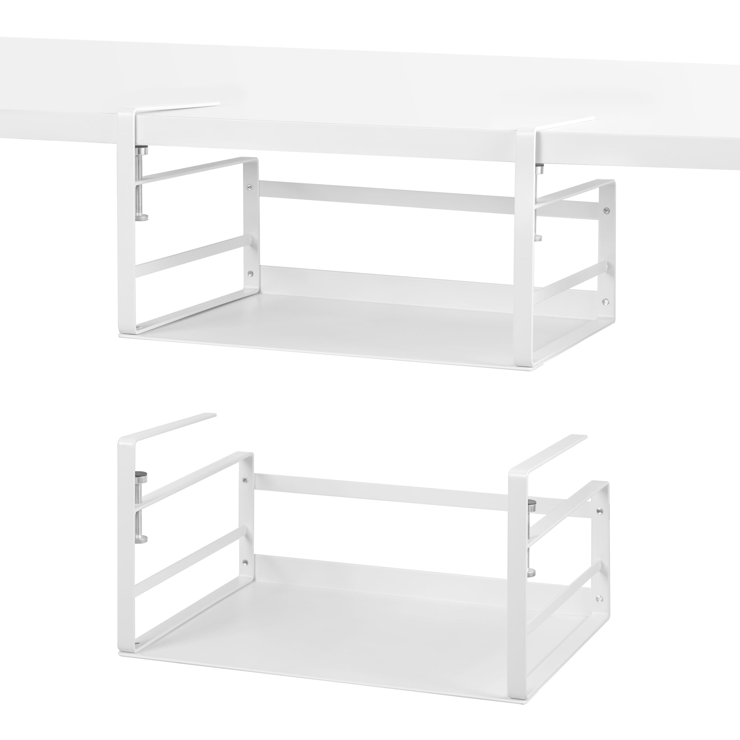 Photo 1 of Nxconsu 2Pack Under Shelf Storage Basket Organizer Hanging Holder for Kitchen Cabinet Pantry Cupboard Closet Desk Bookshelf Organization Space Saver Heavy Duty Slide-in Adjustable Mounting Clamp White