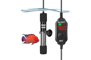 Kulife Fumak 100W Adjustable Aquarium Heater Super Short Submersible Fish Tank Heater Fish Heater with LED Digital Display Thermostat, for Tanks 10-20 Gallons