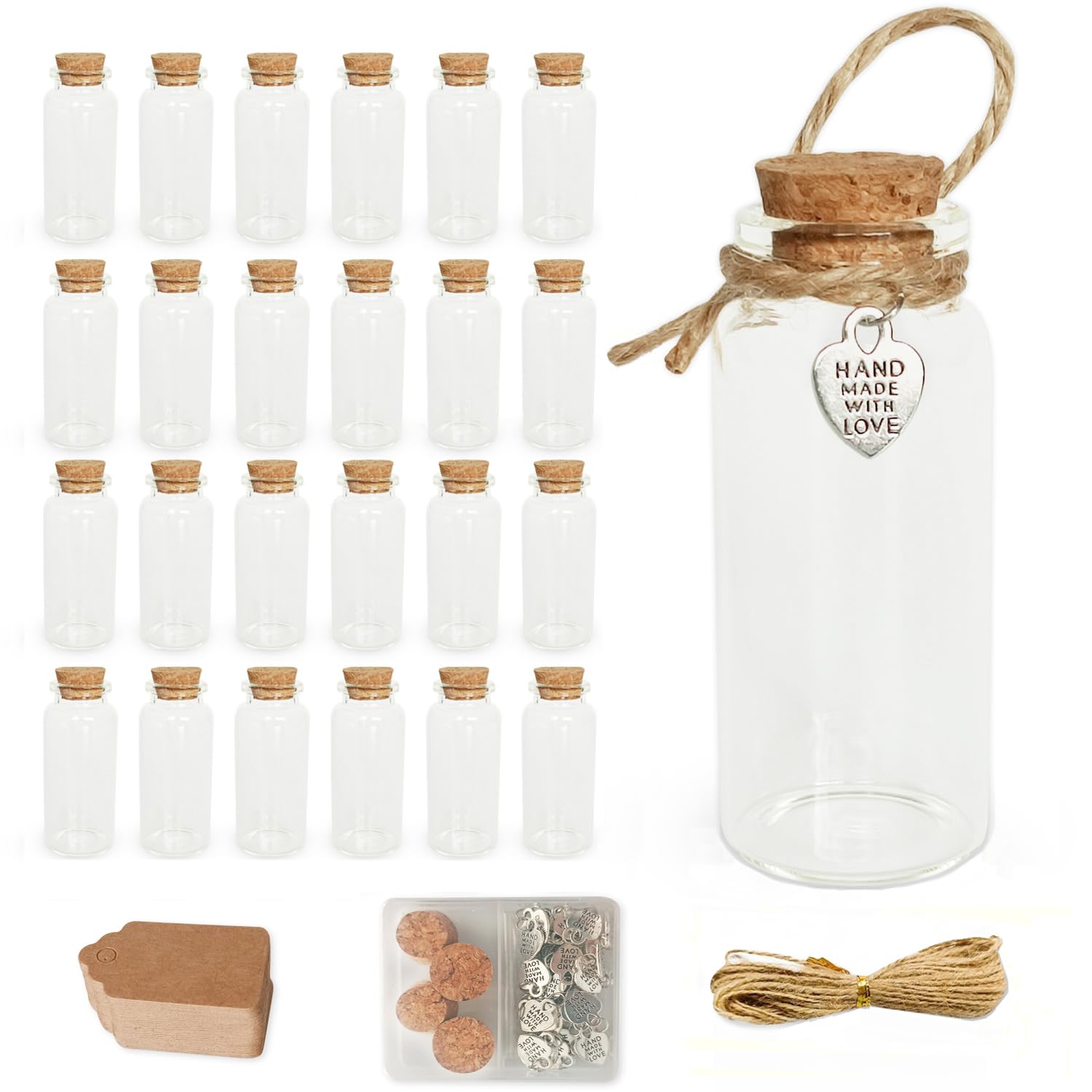 LOYONAL Mini Glass Bottles With Cork, 24 Pcs 30 ml Small Glass Jars With Cork Lids, Wedding Favour Bottles, Small Craft Bottles, Wish Jar