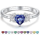 SAIERMEI Heart Birthstone Rings for Women: 925 Sterling Silver Adjustable Butterfly Birthstone Ring - Heart Birthstone Promise Band Rings Size 4-9 Jewelry Gifts for Birthday Christmas Mother`s Day
