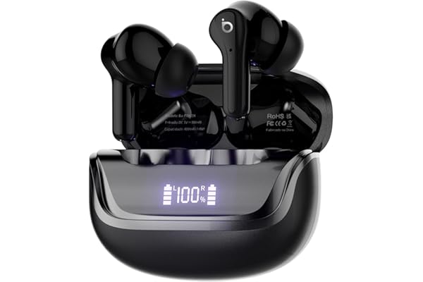 Fone de Ouvido Bluetooth, Basike Fone sem Fio TWS, Bluetooth 5.3 Até 60 Horas de Bateria, Toque Sensível, 62dB ANC Cancelamento de Ruído Musicas Graves Potentes para Academia Corrida (Preto)