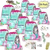 POKONBOY 24 Pack Mermaid Party Favor Gift Bags for Mermaid Party Supplies and Party Decorations, Mermaid Drawstring Backpacks, Mermaid Party Goodies Bags for Kids Mermaid Birthday Party & 10 Sheets of Tattoos