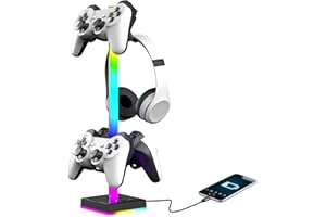 WADEO Headphone &Controller Holder, RGB Headset Stand with 9 Lighting Modes, Controller Holder with 2 Type-C Charging Ports f