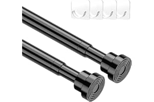 MOEROTER 2pcs Tension Curtain Rod 33 to 58 No Drilling Spring Tension Rod Adjusting Black Curtain Rod No Drilling Non-Slip Expandable Spring Loaded Curtain Tension Rods for Window, Doorway, Closet, Wardrobe