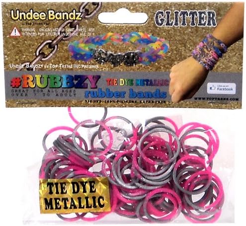 Undee Bandz Rubbzy 100 METALLIC SILVER & PINK GLITTER Tie-Dye Rubber Bands with Clips