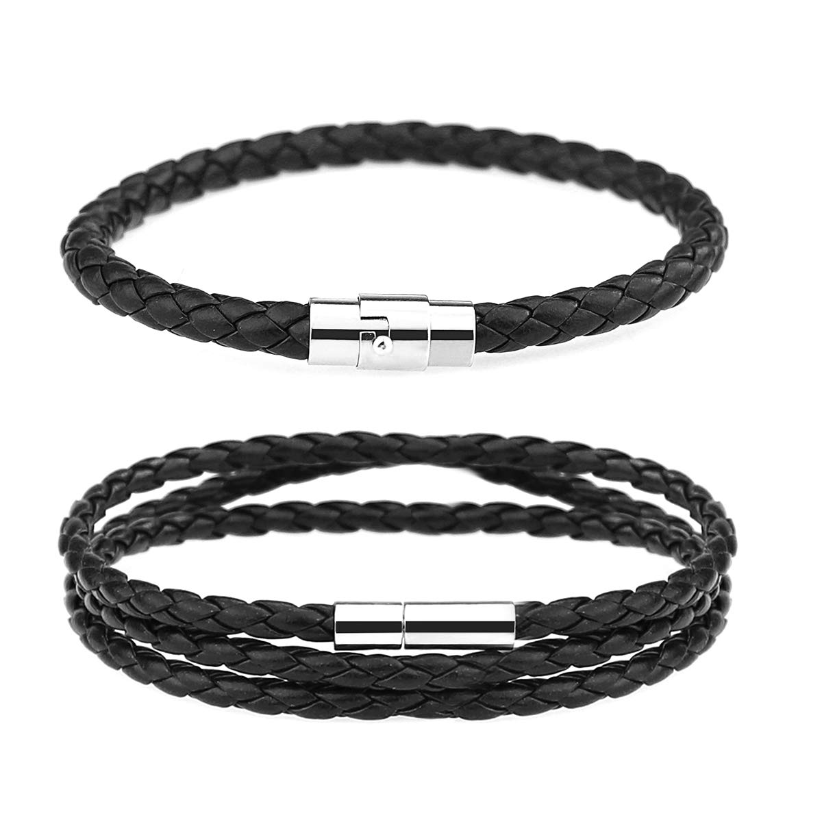 Gleamart 2PCS Men Women Leather Bracelets Braided Wrist Cuff Bracelet Black