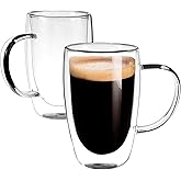 EYE4TECHS Clear Glass Double Wall Insulated Round Coffee Mugs Set of 2 Pieces - Large Size 16oz Best Reusable Coffee Mug for Home Cafe Restaurant Perfect for Espresso Capucinno Lungo Latte Coffee