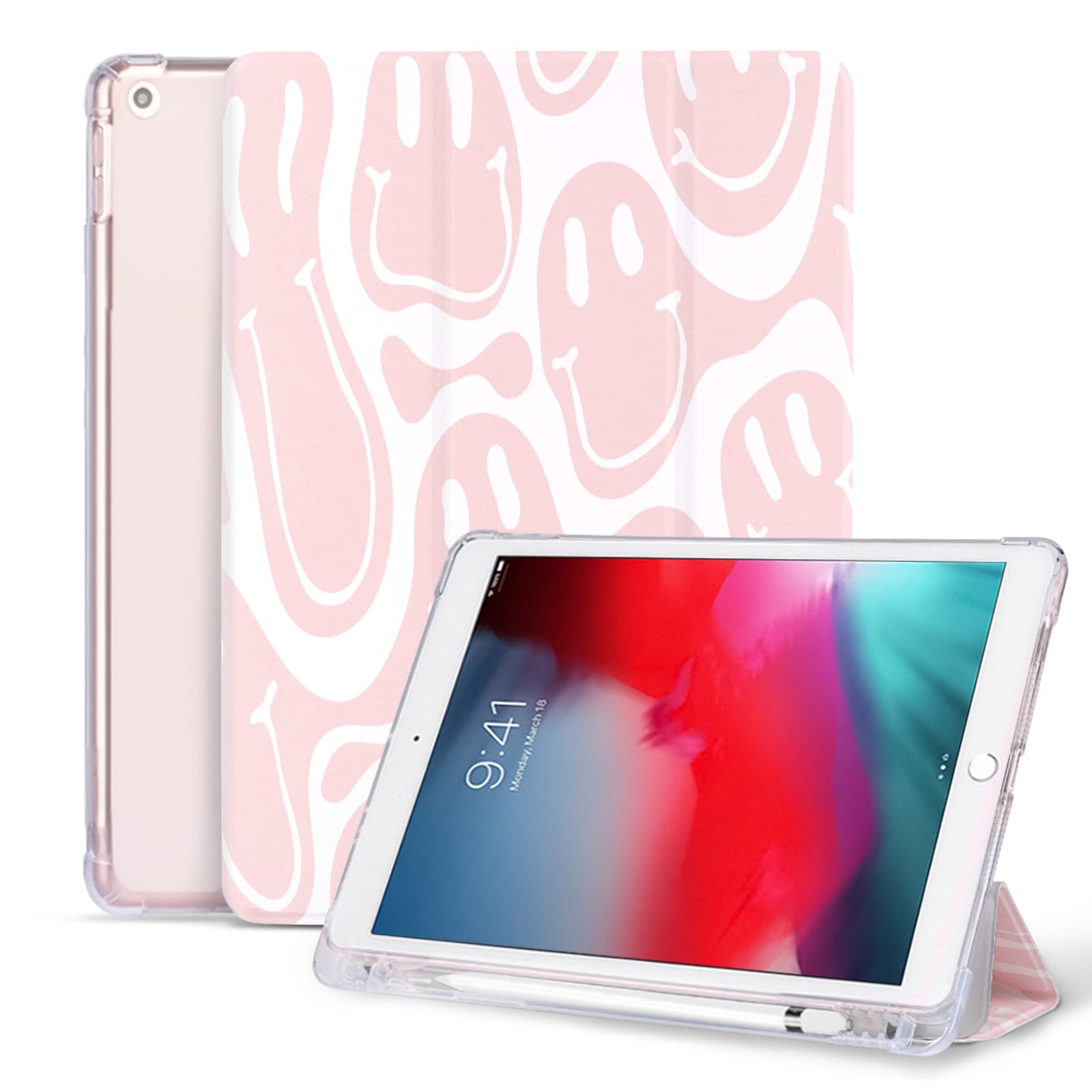 Vozehui Case Compatible with iPad 9th/8th Generation, 7th Gen, Pink Smile Print Protective Cover for iPad 10.2 inch with Pencil Holder, Tri-fold Stand — image 1