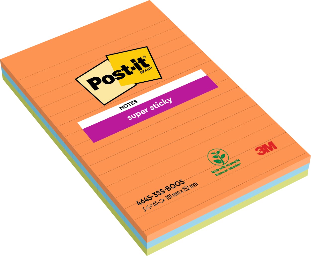 Post-it Super Sticky Large Notes, Lined, 135 Sheets, Pack of 3 Pads, 101 mm x 152 mm - Holds Strong to Many Surfaces - Bright Colours - for Walls, Monitors and Fridge, Recycable