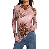 IWOLLENCE Women's Sexy Lace Long Sleeve Mock Neck Tops Trendy Floral See Through Blouse Western Sheer Mesh Shirts
