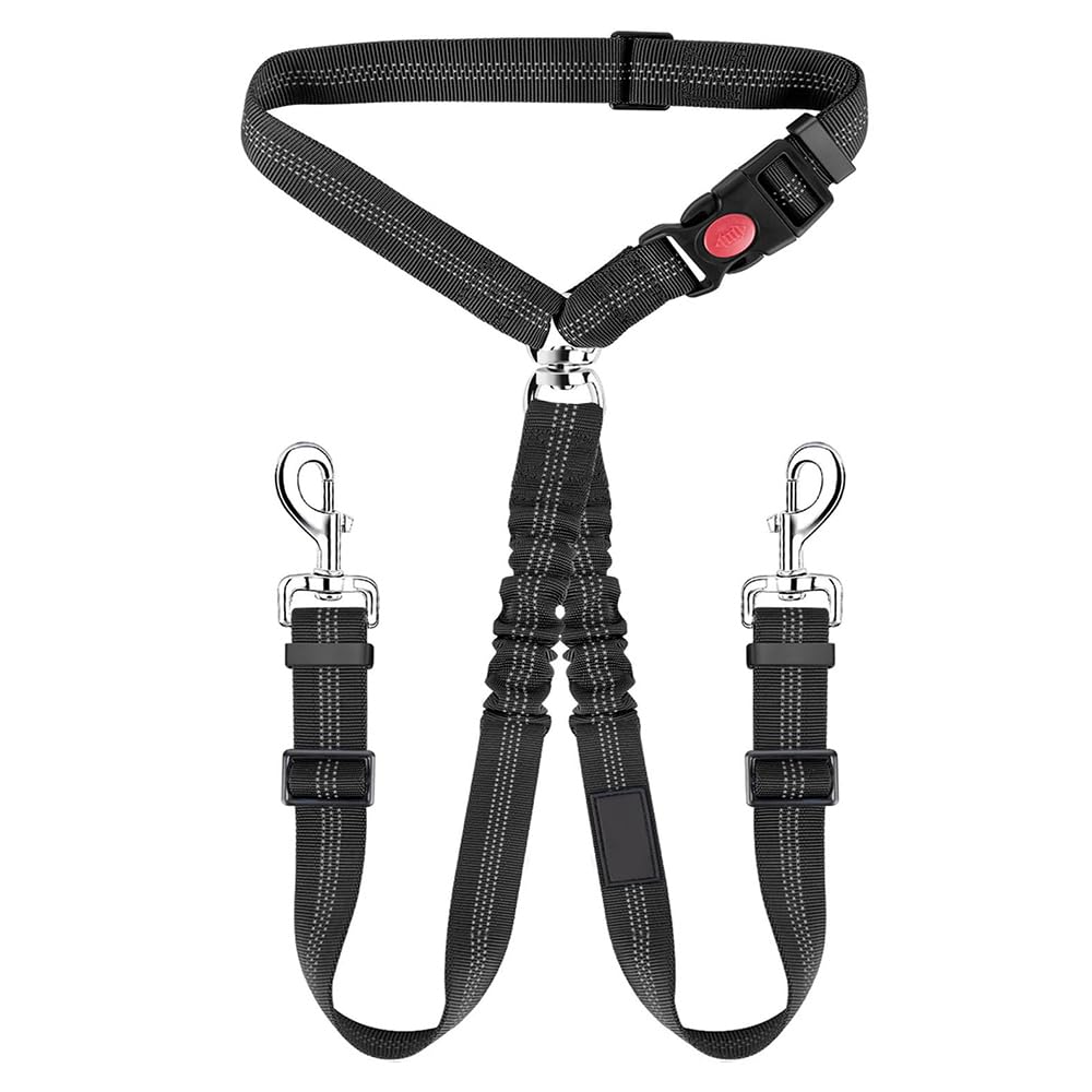 1PCS Dual Dog Seat Belt with Adjustable Elastic Bungee – No-Tangle Car Headrest Restraint for 2 Dogs, Heavy Duty Splitter and Harness for Safe Vehicle Travel (Black)