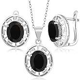 Gem Stone King 925 Sterling Silver 10X8MM Oval Gemstone Birthstone Greek Key Pendant and Earrings Jewelry Set For Women | With 18 Inch Silver Chain