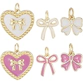 Beebeecraft 6Pcs 6 Styles Bow Enamel Charms Pink White Metal Dangle Real 18K Gold Plated Brass Bow Bowknot Charms Findings for Jewelry Making Earrings Bracelets Necklaces DIY Craft Accessories Gifts