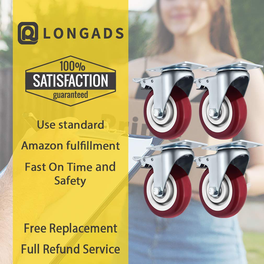 4 inch Plate Caster Wheels with Dual Lockable Set of 4, Load 2000 Pounds Heavy Duty Swivel Double Bearing Caster, Made in Premium Polyurethane, No Noise Fit Multiple Terrain (Free Screws and Spanner): Industrial & Scientific