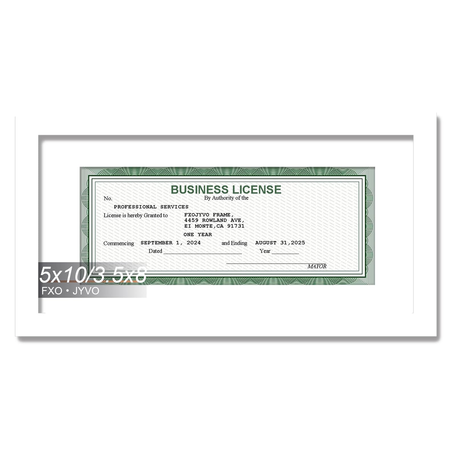 Photo 1 of ***FACTORY SEALED***
Fxojyvo 5x10 Frame White, Display Business License 3.5x8 with Mat or Picture 5x10 Without Mat Desktop or Wall for License Cosmetology Barber Salon Esthetician - 1 Pack