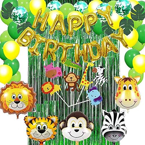 Lanzou Jungle Safari Park Animal Foil Balloon Bunting Paper Tassels Leaves Decor Tropical Theme Set for Kids Birthday Party Decor