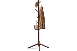 Unisakey Durable Wooden Coat Rack, Freestanding Coat Rack with Stable Triangular Base, 8 Hooks & 3 Adjustable Heights, Simple Assembly for Bedroom, Hallway, Office(New Brown)