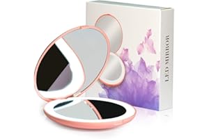 WOBANE LED Travel Makeup Mirror, 3.5 inch Lighted Compact Mirror, 10X Magnification, Handheld, Double Sided, Portable Folding Mirror for Pocket, Purse, Gift, Pink, Round