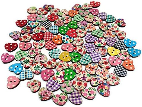Qinlee 100 Pcs Wood Buttons Heart Shaped 2 Holes DIY Button Sewing Accessories