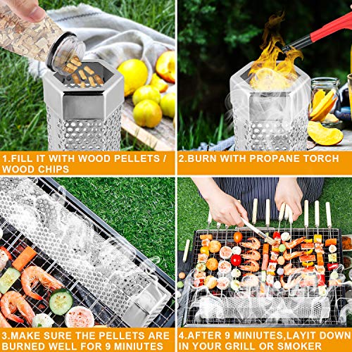 Pellet Smoker Tube,12"Stainless Steel BBQ Wood Pellet Tube Smoker for Cold/Hot Smoking,5 Hours of Billowing Smoke-for Any Grill or Smoker.Hexagon , Accessories -2 S Shape Hooks,1 Cleaning Brush.