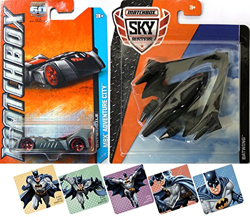 Batman Matchbox Adventure City Batmobile Silver #10 & Batwing Sky Busters Bat plane Bundle + Bonus Stickers