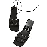 GORGLITTER Women's Lace Up Flat Sandals Dressy Strappy Square Toe Gladiator Sandals Summer Beach Slides