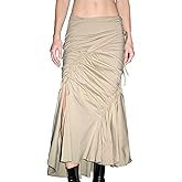 URBAN REVIVO Women's Skirts Summer Drawstring Ruched Midi Skirt with Slit Asymmetrical Trendy 2025
