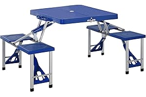 Outsunny Folding Picnic Table with Seats and Umbrella Hole, Portable Camping Chairs Set, 4-Seat, Aluminum Frame, Blue