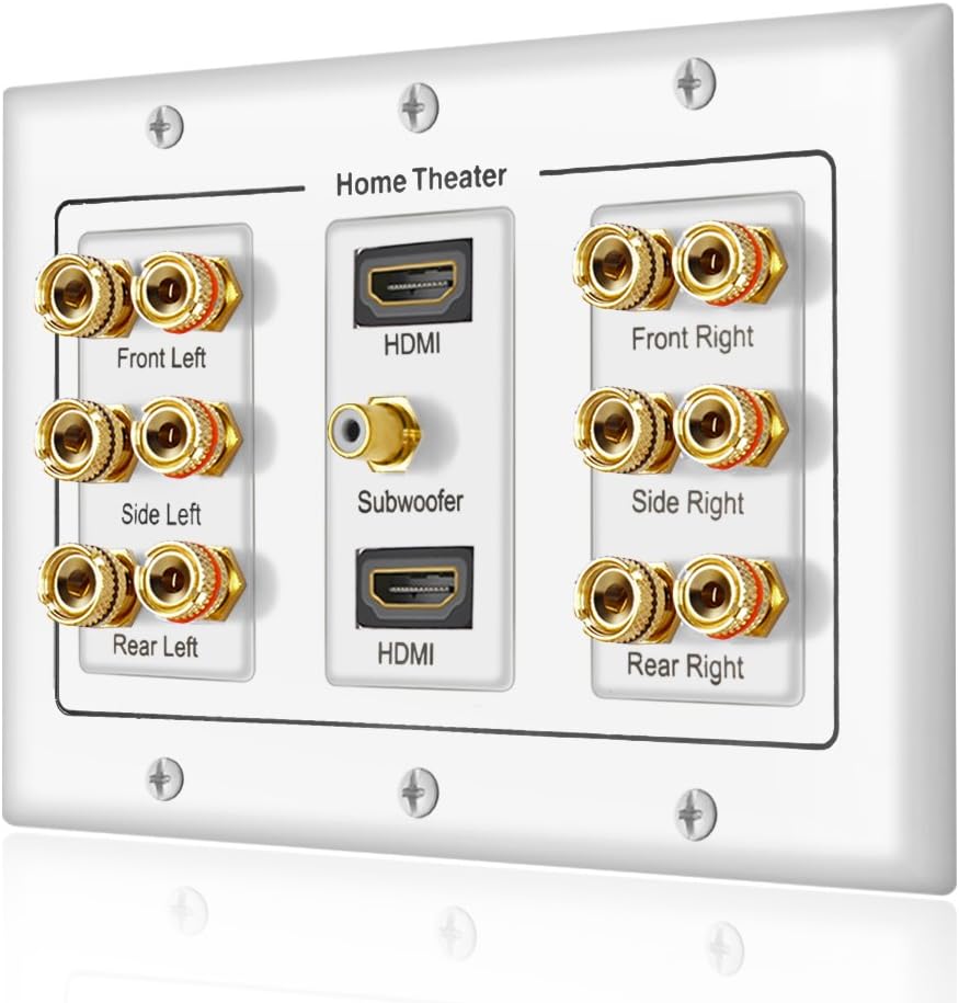 Banana Binding Post Coupler Type Wall Plate for 6 Speakers, 1 RCA Jack for Subwoofer & 2 HDMI Ports