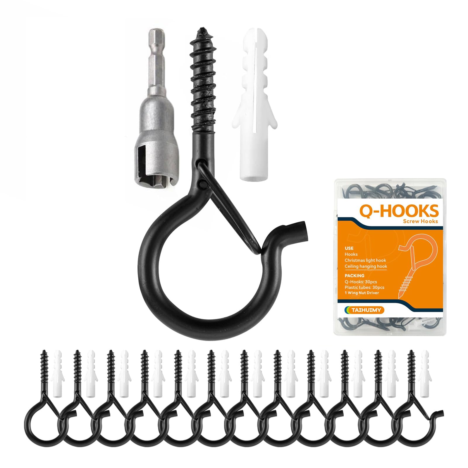TAIHUIMY Screw Hooks for Outdoor String Lights, Q-Hanger Christmas Rope Lights Clips, Wall Cabinet Ceiling Eye Hook with Safety Buckle for Wire Party Light Plants Wind Chimes(40) — image 1