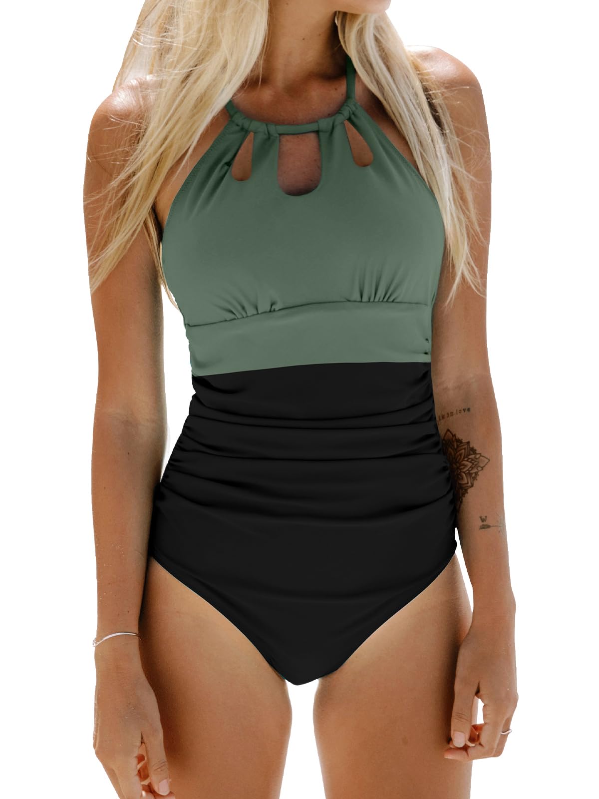 Photo 1 of CUPSHE Women Swimsuit One Piece Tummy Control Ruched Lace Up Cutout Color Block Bathing Suit, L