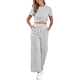 VIAURBE Two Piece Sets for Women Summer Outfits Lounge Sets Twist Front Crop Tops Wide Leg Pants Vacation Travel Clothes