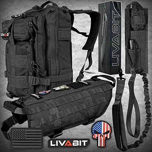 LIVABIT Canine Service Dog Tactical Molle Vest Harness + Morale PVC Patches + Matching Heavy Duty Bungee Leash Strap [ Also for Cats & Puppies ]