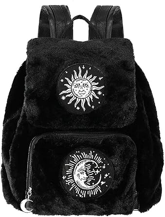 Restyle Sac A Dos Fausse Fourrure Noire Patch Soleil Et Lune