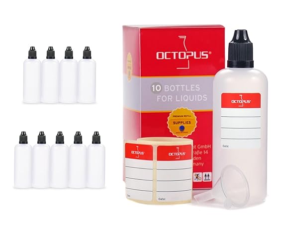 10 x 100 ml Liquidflaschen mit Trichter + Etiketten, z.B. für E-Liquids + E-Zigaretten, Plastikflaschen aus PE LDPE, Liquid D