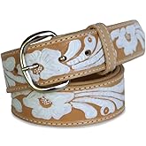 R.G. BULLCO - USA Made - 1-1/2" Full Grain Women's Leather Belt with White Floral Finish and Chrome Buckle - Tan - Size 30 - RGB-4270