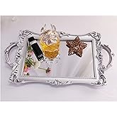 Yamfurga Small Rectangle Decorative Mirror Tray, French Style, Makeup Organizer, Jewelry Organizer, Serving Tray, 13"x 7.8", Silver