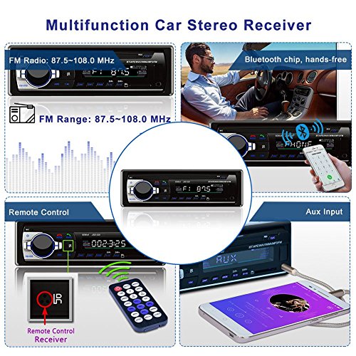 TekkPerry Car MP3 Player, MP3 Car Stereo Receiver with Bluetooth, USB Port and SD Card, BT/APE/WAV/WMA/MP3/USB/SD FM Car Stereo with Single Din FM Radio 3.5mm Auxiliary Input Remote Control