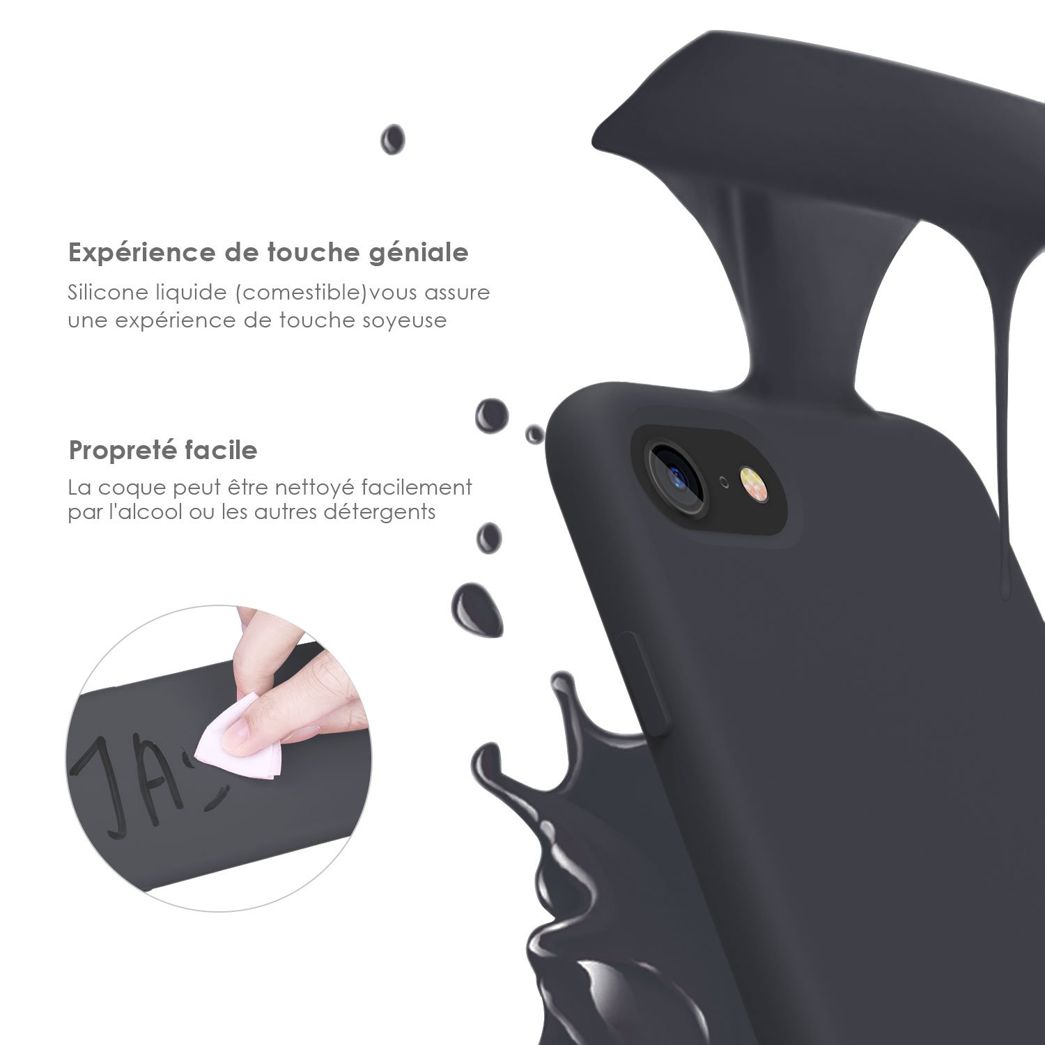 Coque iPhone 7 / 8 , JASBON Coque Silicone Liquide Anti-rayure avec Protecteur d\'écran Gratuit, Housse Protection Silicone Anti-patinage Gel Case de Style Classique pour iPhone 7 / 8 - Noir